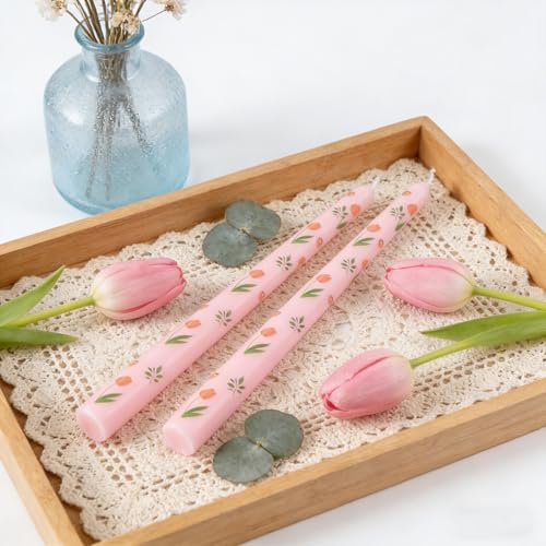 Taper Candles,10 inch 2pc Pink Tapered Candles with Tulip Printed, Unscented and Smokeless Long Burning Candles,Tall Candlesticks with Cotton Wicks,Ideal for Weddings, Home Décor - style: Tulip