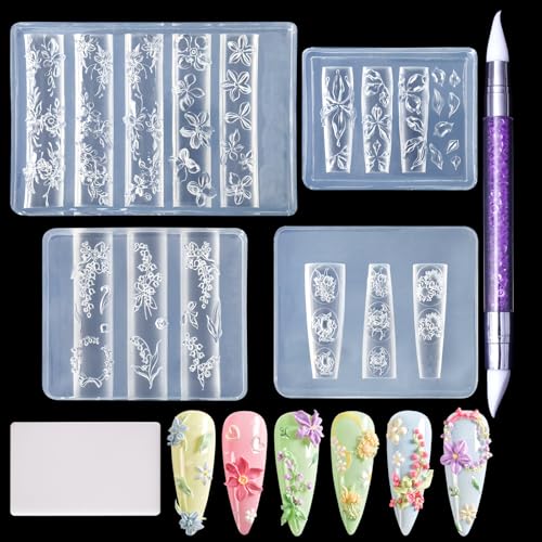 Laza 4pcs Silicone Nail Art Molds, Acrylic 3D Spring Summer Flower Nail Charms Molds Clear Modeling Templates Silicone Flowers Pattern Nail Tools with Sculpture Pen for Salon Nail Design - color: Flowers