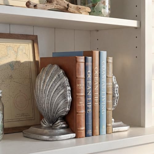 Decorative Shell Bookends, Coastal Nautical Book Ends for Shelves Desk, Resin Seashell Book Ends for Home Office Living Room Beach Decor (Silver)