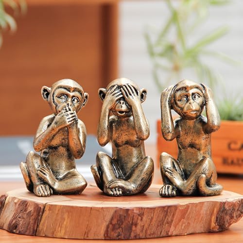 Leekung 3 Wise Monkeys Statue for Home Decor Accents,Hear no Evil See no Evil Speak no Evil Figurine for Living Room Boho Desk Gold Modern Table Decor,Monkey Gift Shelf Decor Accents Antique Bronze - color: Gold