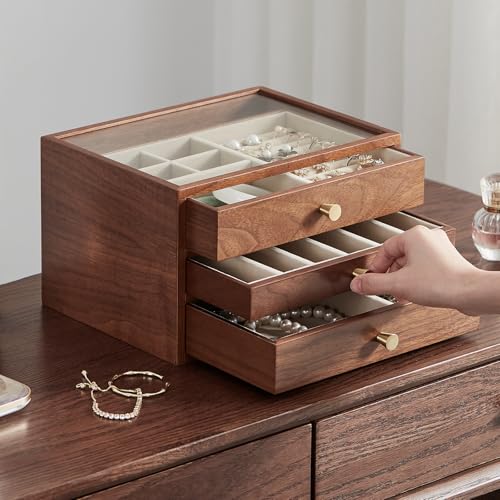 CHOSIN Black Walnut Wooden Jewelry Box for Women, 3-Layer Wood Jewelry Organizer with Glass Lid for Watches, Necklaces, Rings & Earrings Storage Mothers Day Gifts for Mom - style: 3 Layer