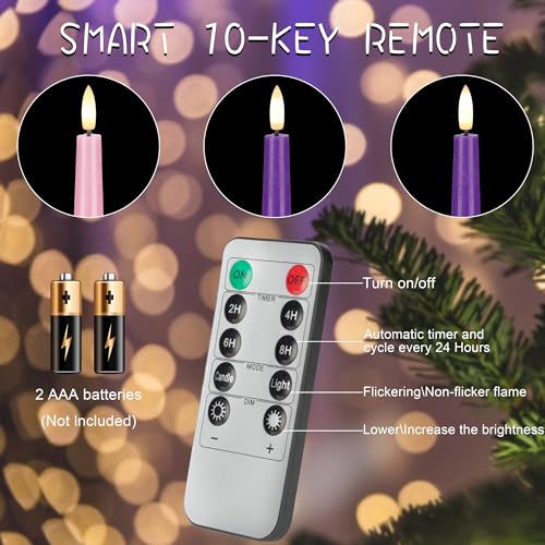 Flamelss Advent Candles, 9.6" Real Wax Flameless Taper Candles with Remote, 4 Pack Flickering LED Candle Battery Operated Candlesticks for Christmas, Catholic, Advent, Wreath, Purple and Pink - color: Purple and Pink