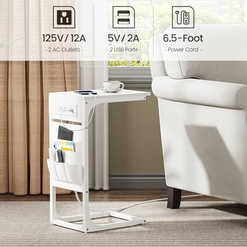 TUTOTAK C Shaped End Table with Charging Station, Side Table for Sofa, Couch Table with Storage Bag, Set of 2, TV Tray Table with 2 USB Ports and Outlets for Living Room, Bedroom, White TB01BW0242 - color: White, size: 2 Pack (11.8"W), style: With Plug
