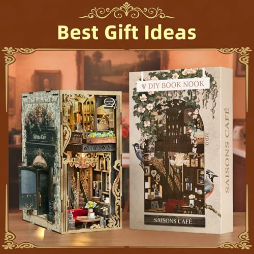 MiniCity Book Nook Kitwith Dust Cover and LED Light, 3D Wooden Puzzle Bookend Bookshelf Insert Decor for Teens and Adults (Saisons Café) - style: Saisons Café