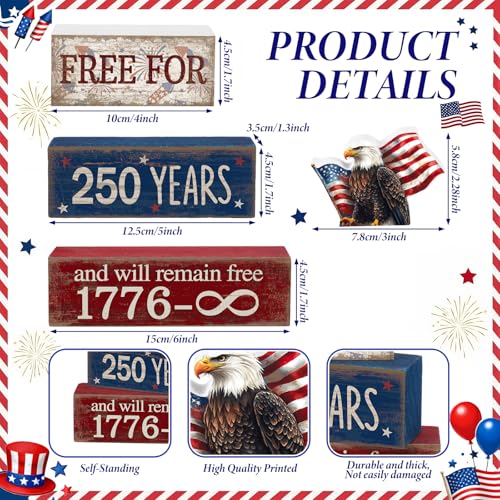 CroBlissful 4 Pcs 250th Anniversary 4th of July Decorations Patriotic Memorial Day Tabletop Decorations America Eagle Red White Blue Table Centerpieces USA Sign for Office Tiered Tray Home Shelf - style: 250 Years