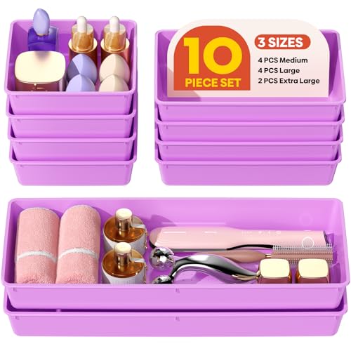 10 Pack Large Size Plastic Drawer Organizers Set, 3 Sizes Desk Drawer Organizer Trays, Storage Bins for Vanity, Makeup, Bathroom, Kitchen Utensils and Office (Purple) - color: Purple
