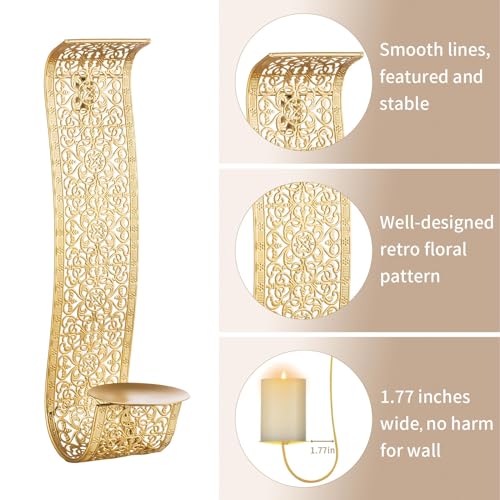 Sziqiqi Gold Candle Sconces Wall Decor Set of 2 - Rustic Pillar Wall Candle Holder for Farmhouse Vintage Hallway Wall Decor Decorative Bathroom Metal Candle Sconces - color: Matte Gold