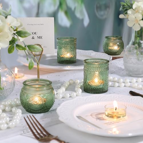 DARJEN 12Pcs Green Votive Candle Holders - Glass Tea Light Candle Holder for Wedding Shower, Candle Holder Bulks for Wedding & Home Table Decor, Vintage Parties Gifts - color: Green, size: 12 PCS