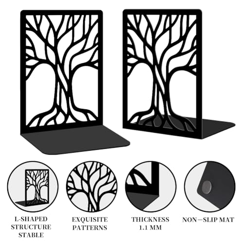 2 Pcs Black Bookends, Sturdy Metal Bookends for Shelves Decorative Book Organizer with Unique Tree Design for Home Library Office Desk - style: Abstract Tree