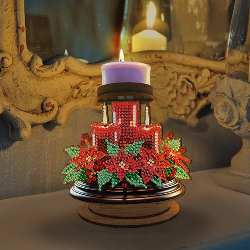 ARTopet DIY Diamond Art Painting Candlestick Holders Wooden Desk Candle Holder Ornament Double Sided Diamond Tabletop Ornaments for Home Decor-Poinsettia - color: Poinsettia