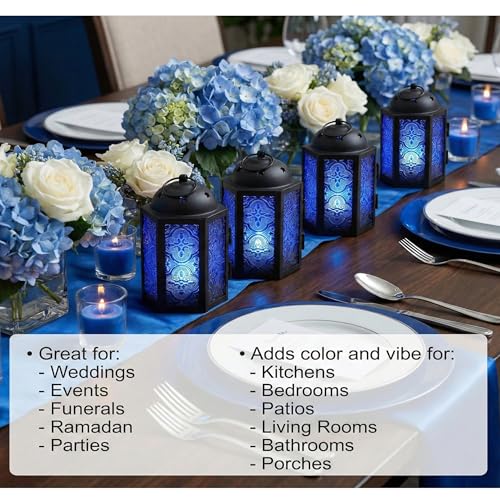 VELA LANTERNS Mini Moroccan Tea Light Candle Holder Lanterns – 4.25" Small Decorative Lantern for Table or Hanging, Metal with Glass Panels – Ramadan, Wedding, Home Decor, Cobalt Blue (Set of 4) - color: Cobalt Blue