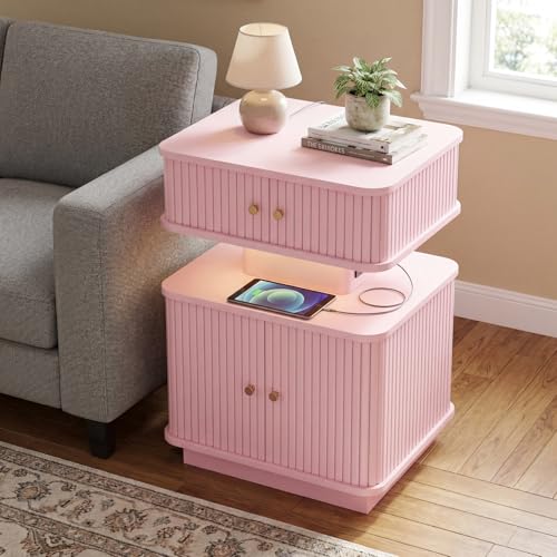 LED Light End Table with Charging Station, Pink Mid Century Bedside Table with USB Type A C Ports, Small Fluted Accent TV Control Nightstand with 2 Sliding Door for Living Room, Curvy Edge - color: Pink