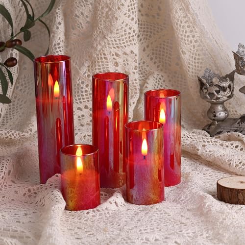 Eywamage Red Glass Flameless Candles with Remote Batteries, Flickering Slim Tall LED Pillar Candles Set of 5 - color: Red