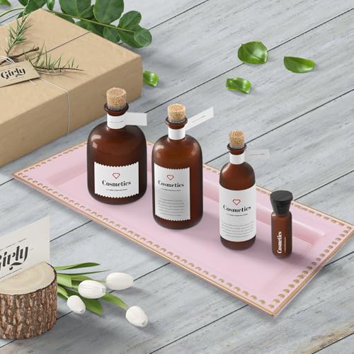 2 Pack Pink Bathroom Vanity Tray for Countertop with Beads, Small Plastic Toilet Tank Versatile Storage Organization Tray for Makeup, Perfume, Desk, Kitchen, Candles, 14"x7"x1", 36P - color: 17pink