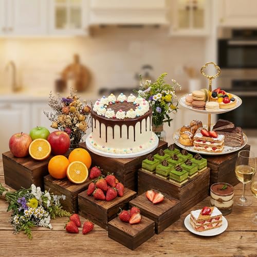 8 PCS Wooden Buffet Risers, Nesting Rustic Wood Display Stands, Multi-Size Dessert Table Display Set for Catering, Wedding & Party Events