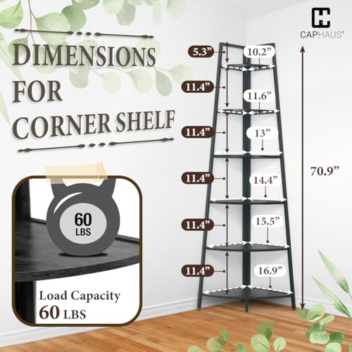 CAPHAUS Tall Corner Shelf Stand, 6-Tier Display Shelves, Ladder Corner Wood Storage Plant Bookshelf with Metal Frame, Versatile Shelving Unit Bookcase for Home Office Space, Black - color: Black, size: 6-Tier