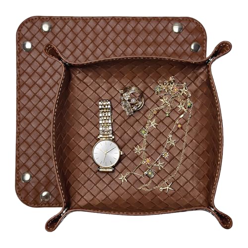 UnionBasic Small Valet Tray, Jewelry Tray for Rings Watches Earrings, Entryway Catchall Caddy for Coins Keys Change, Nightstand Bedside Valet Holder, Trays for Electronic Gadgets, Woven Leather Brown - color: Woven Leather Brown, size: 5.4" x 5.4" x 1.6"