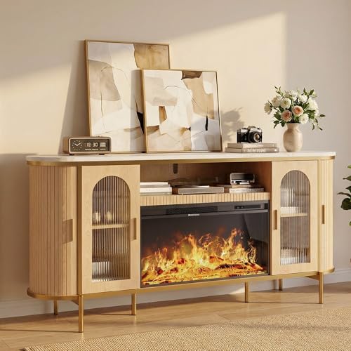 MXV 70" Fluted TV Stand for TVs up to 80", Mid Century Modern Entertainment Center with Sliding Doors & Glass Door, TV Console Table with Faux Marble Top for Living Room, Oak (70IN with Fireplace) - size: 70IN with Fireplace