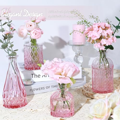 TBWIND Pink Glass Bud Vase Set of 24, Small Flower Vases for Centerpieces in Bulk, Mini Vintage Vase for Wedding Decor, and Home Table Décor - color: 24pcs-pink
