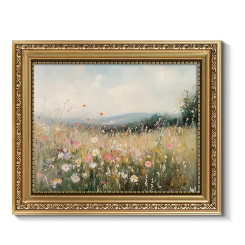 InSimSea Vintage Gold Framed Wall Art for Living Room, Field of Wildflowers Wall Decor, 8x10 inch Small Nature Meadow Landscape Canvas Prints for Bedroom Shelf Gift, Home Farmhouse Decor - color: Field Colored Flowers, size: 10"L x 8"W
