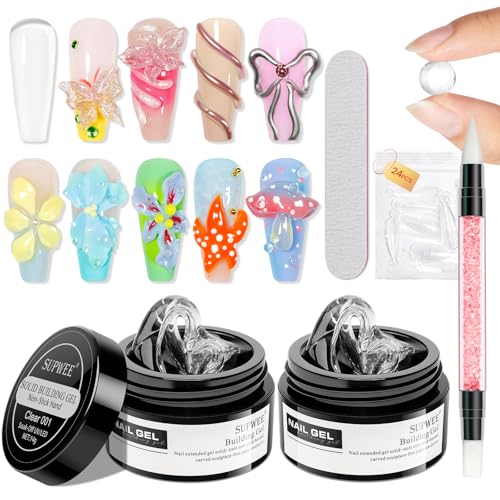 2PCS Clear 3D Sculpting Gel Non-Stick Hand Solid Builder 3D Nail Gel Art with Silicone Pen for 3D Modeling Nail Art Home Manicure DIY for Women - color: Clear&Clear