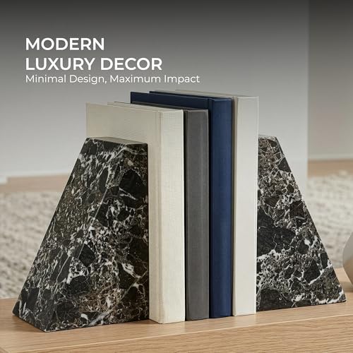 Black Marble Bookend 6" - Book Stoppers for Bookshelves - Modern Decorative Marble Bookends for Home and Office, Black Zebra - color: Black