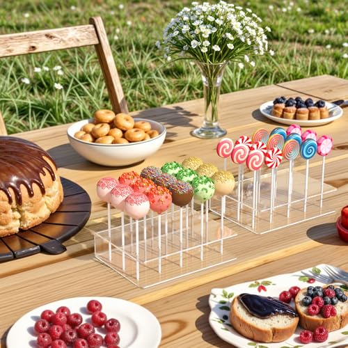 2 Pack Cake Pop Stand with Sticks Kit, Acrylic Lollipop Hold Stand, Clear Cake Pop Display Holder, 15 Holes Candy Pop Holder with 100 Pcs Sticks, 100 Pcs Clear Wrappers, 100 Pcs Gold Twist Ties