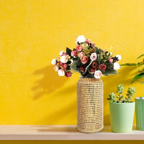 DOITOOL Boho Glass Vase with Rattan Cover, Rustic Farmhouse Vase Round Decorative Flower Container Flower Bud Container for Floral Arrangements Table Centerpiece, 4.3 x 4.3 x 9.8 inch