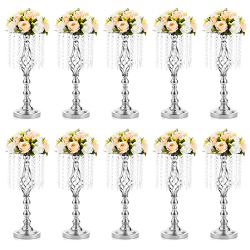 NUPTIO Metal & Acrylic Crystal VASE - 10 Pcs 19.3 inches Tall, Elegant Mermaid Style, Round, Silver, Ideal for Wedding & Engagement, Housewarming, Birthday, Anniversary, Living Room Decor - color: Silver, size: Medium - 10 Pcs