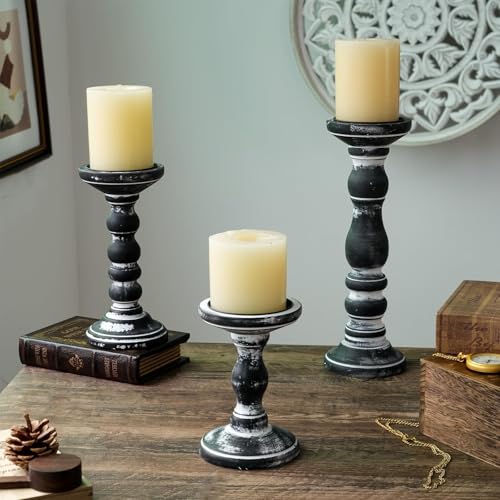 Wooden Pillar Candle Holder: Rustic Black Candle Stand Wood Distressed Candleholders Farmhouse Fall Decor for Christmas Fireplace Mantle Dining Table Living Room Shelf Set of 3 - color: Black, size: 5.9", 8.26", 11.81"