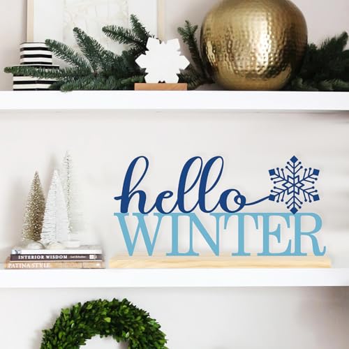COCHIE Metal Hello Winter Sign, Snowflake Table Centerpieces Decorations for Home, Office, Shelf, Mantel, Indoor, Navy Blue Party Decor Supplies (Winter) - style: Winter