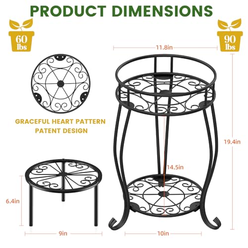 TOSKING 2-Tier & 9.1'' Single Metal Plant Stand Set – Single Stand with Adjustable Leveling Feet, Rustproof Heavy Duty Flower Pot Holder for Indoor/Outdoor, Stable Multiple Plant Rack for Balcony Garden Patio Living Room Bedroom, Black - size: 2Tier-19.5'