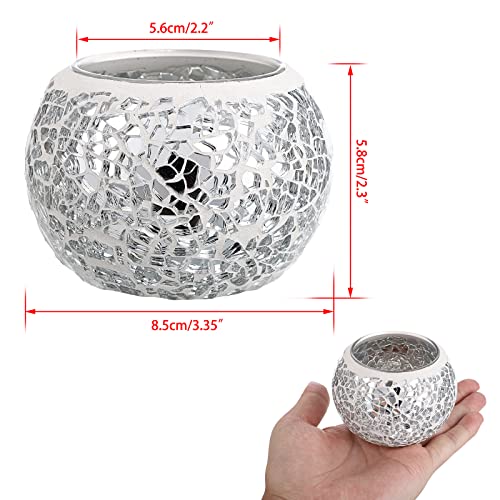 OwnMy 3PCS Mosaic Glass Tea Light Holders Round Bowl Votive Candle Holders Pillar Candle Stands, Silver Glass Mosaic Tealight Holders Potted Plant Bowl Vase Candle Centerpiece for Dining Table Wedding - color: Silver