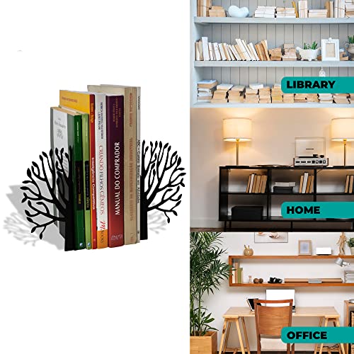 Tree Bookends with Nature-Inspired Silhouette - Steel with Matte Black Epoxy Coating - Decorative Pair of Book Holders for Shelves, Desk, and Office - All Black – Geguton - color: Trees Theme - Black