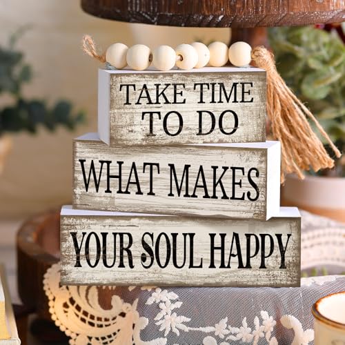Yuntau 4 Pcs Farmhouse Tabletop Decoration Inspirational Farmhouse Tiered Tray Decor Rustic Retro Wood Bead Garland Take Time to Do What Makes Your Soul Happy Block Centerpiece Sign for Home Shelf - style: Inspirational