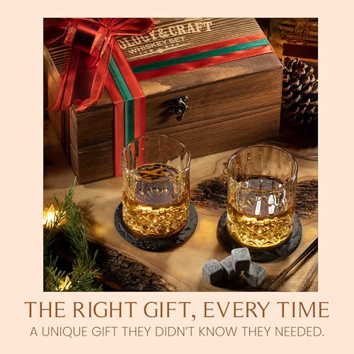 Mixology & Craft Whiskey Stones Gift Set: with Two 10oz Lead-Free Crystal Whiskey Glasses, 8 Whiskey Stones with Velvet Bag, 2 Slate Coasters & Recipe Cards in Wooden Crate | Great - size: Dark Latch Crate