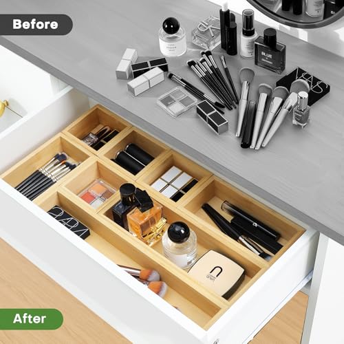 Bamboo Drawer Organizer Set, 9 PCS Multi-Use Individual Wood Storage Organizers, Junk Drawer Divider and Storage Trays Containers for Kitchen, Bathroom, Office Desk, Makeup, Jewelry, Utensils - size: 9