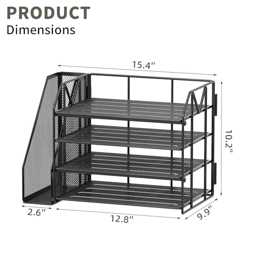 4-Tier Paper File Organizer with Drawer, Metal Desk Organizer, Tiered Paper Tray for Letter/A4 Files, Desktop Office Supplies Storage Rack, Black - color: 4-Tier with Bookend