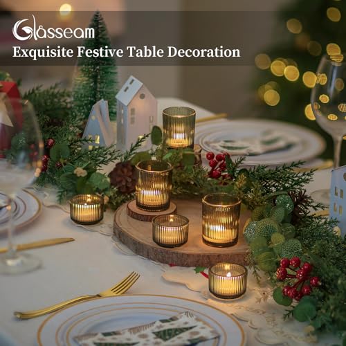 Glasseam Glass Tealight Candle Holder: 24 PCS Green Ribbed Votive Candle Holders Bulk Small Christmas Tea Lights Holders for Table Centerpiece Wedding Decor - color: Dark Green