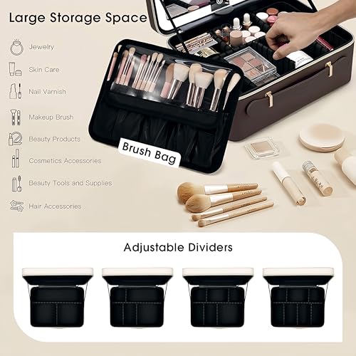 Leather Makeup Case with LED Lighted Mirror 11.4 Inch Travel Makeup Bag Adjustable Brightness in 3 Colors Cosmetic Organizer Artist Storage Bag with Dividers Brush Holder Bag Vanity Dark Brown - color: WD-Dark Brown 11.4 Inch, size: 2-Medium