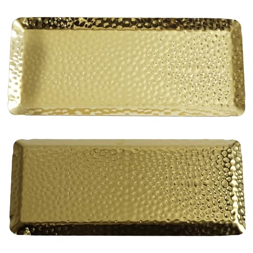 10x4inch Hammered Rectangular Tray, Stainless Steel Decorative Serving Tray, Gold Platter for Kitchen, Bathroom, Bar, Vanity Storage - color: Gold