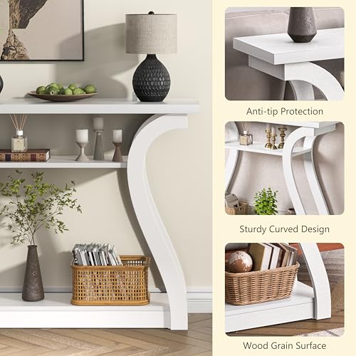 Wooden Console Table with Curved Legs and Shelf, 3-Tier Modern Accent Narrow Sofa Table for Entrance Area, Living Room, Hallway, 47 in Wide Wood Console Table for Entryway (White) - color: White