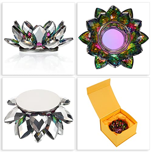 OwnMy Colorful Crystal Lotus Flower Tea Light Holder - Lotus Petals Votive Candle Holder Candle Lamp, Glass Flower Tealight Candle Stand for Table Centerpiece Wedding Decors - color: Colorful