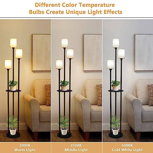 Floor Lamp with Shelves, Modern Floor Lamps for Living Room, 3-Lights Standing Lamp with Linen Shade and Foot Switch, Industrial Standing Lamps for Bedroom, Black Tall Table Lamp for Office - style: Black-Fabric Shade