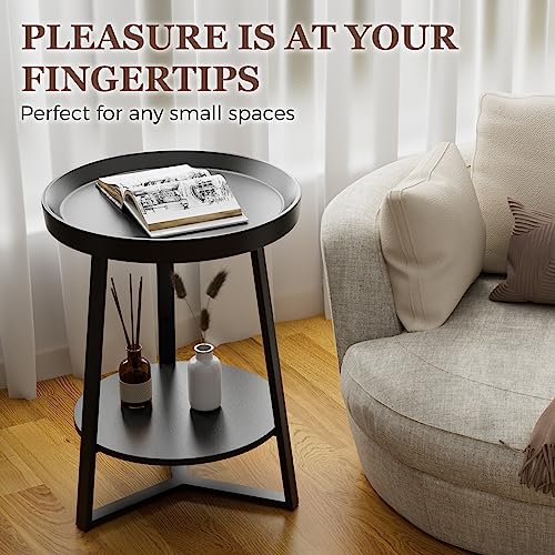 Gadroad Round End Table with Storage Shelf, 2 Tier Farmhouse Side Table Nightstand for Living Room, Bedroom, Wood Tabletop & Black Metal Frame, Black 15.7 * 15.7 * 23.0inches - color: Black, style: No Charging Station