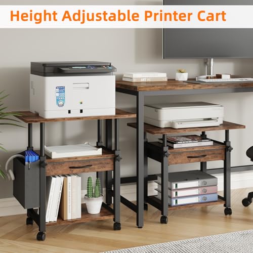 YAOHUOO Large Printer Stand with Storage Drawer and Side Bag, 3-Tier Height Adjustable Table for Home Office, Fits Heat Press/Laser/3D Printer (Rustic Brown) - color: Rustic Brown, size: 3-Tier