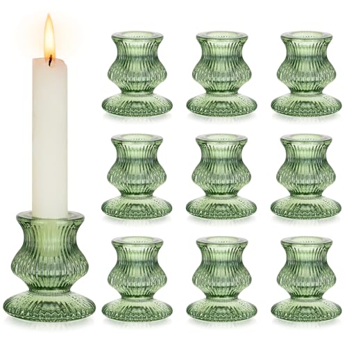 Romadedi Glass Candle Holders for Candlestick - 10 Pcs Green Ribbed Tapered Candle Holder Bulk for Table Centerpiece Christmas Decor Party Living Room Dinner Advent - color: Green, size: 10 Pcs