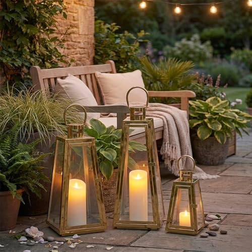 TRIROCKS Set of 3 Stainless Steel Candle Lantern 21/16/11''H Metal Outdoor Candle Holder Decorative Hanging Lantern with Tempered Glass for Home Living Room Parties Event Indoor Outdoor(Gold Triangle) - color: Gold