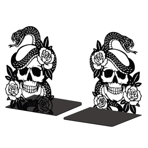 Peacoblue Metal Bookends for Shelves, Modern Decorative Heavy Duty Study Book Support Stoppers for Office, Desk, Shelf, Room 5.3"x4.3"x6.7" Cast Iron Simple Tall Bookends, 1 Pair (Skulls and Snakes) - style: Skulls and Snakes
