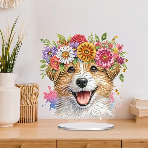 5D Tabletop Diamond Art Kit Flower Puppy, Stand Up Special Shaped Crystal Diamond Art Tabletop Kit for Adults, DIY Desktop Gem Painting Craft Desk Kit, Double Sided, Box Package (Pink) - color: Flower Puppy (Pink)